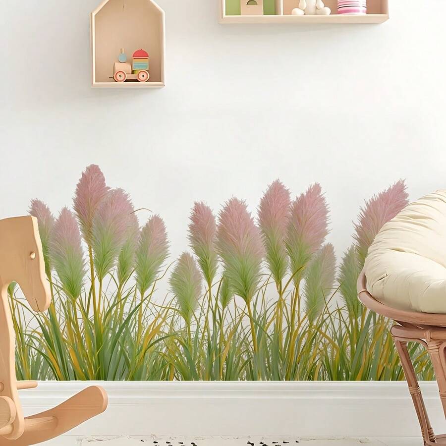 1PC 30*60cm Bohemian Style Pink Pampas Grass Wall Sticker, Removable Green Grass Wall Decal, Suitable For Bedroom, Home Decor Aesthetic Floral Baseboard Mural - Multicolor - View 1