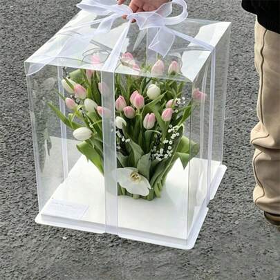 1 Set White Transparent Birthday Gift Box, Party Gift Packaging Box, Thickened PET Material Single Layer / Double Layer / Triple Layer Gift Storage Box (Random Ribbon Included); Suitable For Birthday Party, Wedding, Flower Bouquet Packaging, Collection Dust-Proof Display, Gift Packaging; Can Be Used For Halloween, Christmas, Mother's Day, Thanksgiving; Birthday Gift Box, Men's 18th Birthday Gift