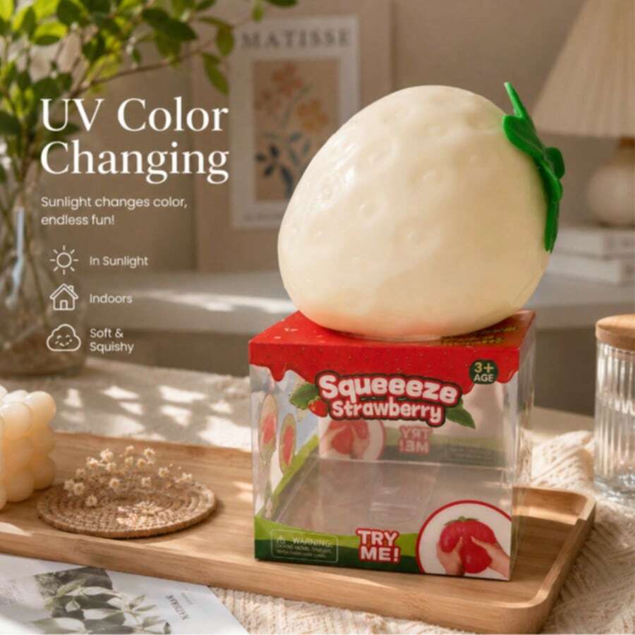 1pc Large UV Color-Changing Strawberry Squeeze Toy, Scented Slow Rebound Soft Stress Relief Toy, Cute Fruit Decompression Toy, Girls Children Birthday Christmas Halloween Party Favor Gift Bag Filler Decoration Gift - Multicolor - View 1