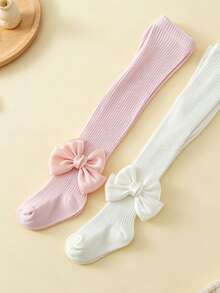 2pcs Baby Girl Knitted Tights, Cute Satin Ribbon Bow Decor, Solid Color Infant Tights, Soft Elastic Children's Leggings - Multicolor - View 7