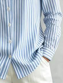 Women's Plus Size Striped Shirt, Peter Pan Collar Long Sleeve Button-Up Blouse, Casual Woven Top - Sky Blue - View 3