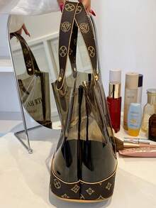 Women's Vintage Luxury Floral Patchwork Transparent Jelly Bucket Handbag, Waterproof Makeup Tool Storage Toiletry Bag, With Gold Hardware Rivets, Can Hold Cosmetics, Phone, Powder, Lipstick, Keys And Other Small Personal Items, Suitable For Shopping, Travel, Vacation, Beach - Coffee - View 8