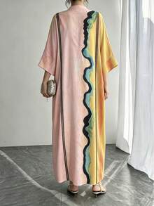 1pc Women's Multi-Color Geometric Line Print Craft Small Stand Collar Single-Breasted Raglan Sleeve Super Loose Long Pullover Casual Dress Elegant Dress Luxury Holiday Evening Party Gown Loose Robe Perfect Vacation Holiday Gift For Mom Daughter Wife Girlfriend - Multicolor - View 3