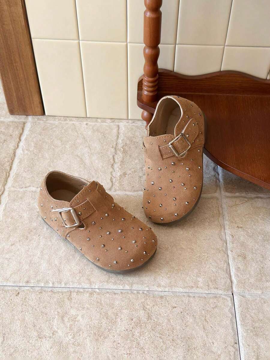Children's Matte Rhinestone Casual Loafers, Girls' Metal Buckle Soft Sole Vintage Shoes - Camel - View 1