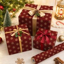 1 Roll Burgundy Gold Snowflake Christmas Gift Wrapping Paper, Vintage Red Kraft Paper Holiday Gift Wrapping Paper, Perfect For Christmas Gifts And Winter Party Decor - Red - View 3