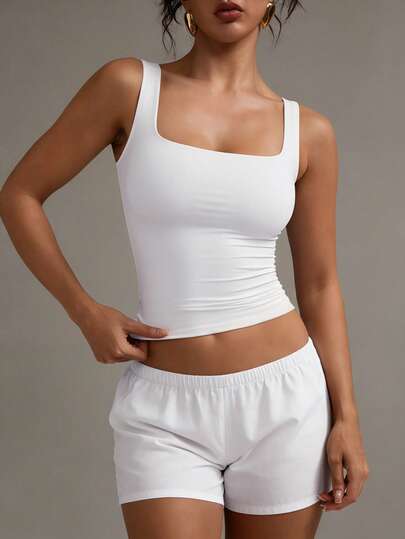 XLLAIS Women's Solid Color Square Neck Sleeveless Tank Top, Fitted Casual Wear, White, Spring/Summer, Clean Girl Aesthetic