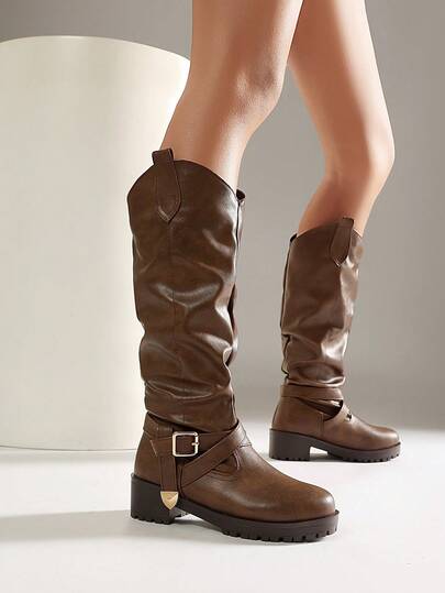 Women's Round Toe Knight Boots, High Shaft Western Boots, Vintage Belt Buckle Tall Boots, Chunky Heel Comfortable Thick Sole Fashion Boots
