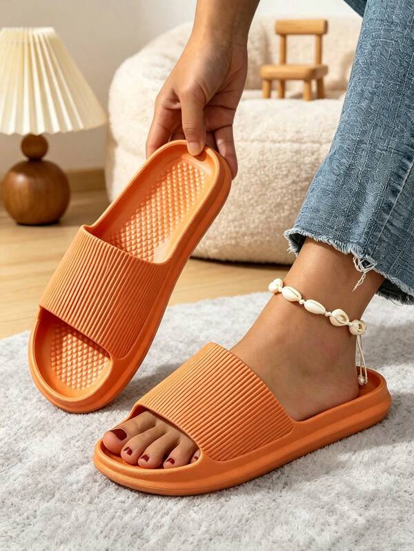 Men's Home Slippers - Solid Color Striped Minimalist Design, EVA Thick Soft Elastic Non-Slip Soft Sole, Minimalist Casual Slides, Suitable For Bathroom, Bedroom, Dorm, Beach, Daily Wear