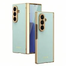 VIETAO 電鍍材質人造皮革全包覆手機殼，適用於 Galaxy Z Fold 7 6 5 4 8 Ultra Fold7 Fold6 Fold5 Fold4，附強化玻璃螢幕保護貼 - 青色 - 查看 15
