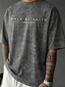 Men's Minimalist Letter Print Crew Neck Short Sleeve T-Shirt, Comfortable And Breathable For Summer Wear - Grey - View 2