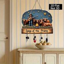 2D Flat Design Denim & Guitar Bull Bonfire Under Starry Night Sky Family Keychain With 4 Metal Hooks, Suitable For Wall Decor, Hallway Decor, Room Decor, Villa Decor - Apricot - View 1