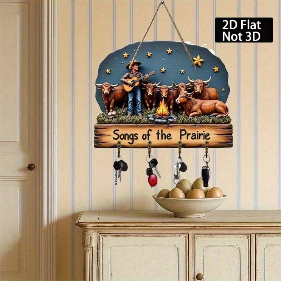 2D Flat Design Denim & Guitar Bull Bonfire Under Starry Night Sky Family Keychain With 4 Metal Hooks, Suitable For Wall Decor, Hallway Decor, Room Decor, Villa Decor - Apricot - View 1
