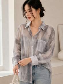 YUXIN 女款甜美紮染輕盈透視襯衫，寬鬆透氣長袖上衣，適合休閒出遊與度假，春夏穿搭 - 淺灰色 - 查看 3