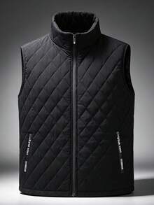 1pc Men's Spring/Autumn Stand Collar Diamond Quilted Vest, Sleeveless Waistcoat, Solid Color Outdoor Commute Daily Wear Jacket - Black - View 4