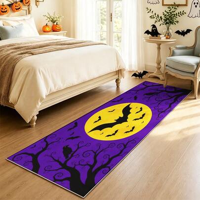 The Halloween Runner Rug Features Ghost, Bat, And Full Moon Prints Along With Wisteria Tree And Crow Patterns. It Is Suitable For Use As An Indoor Rug For Entryways, Hallways, Corridors, And Kitchens, Easily Creating A Rich Halloween Atmosphere