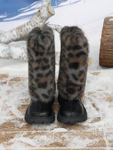 1 Pair Autumn/Winter New Random Leopard Print Decor Round Toe Mid-Calf Girls Boots, Fashion Casual Girls Snow Boots, Comfortable Warm Lining, Back Zipper Design, Suitable For School, Party, Performance, Walking And Other Occasions - Black - View 3
