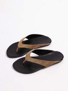 New Women's Round Toe Minimalist Thong Flip Flops, Fashionable Colorblock Casual Versatile Flat Sandals For Beach Vacation - Khaki - View 6