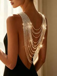 Women's Luxury Crystal Multi-Layer Tassel Back Chain Necklace, Bridal Backless Body Chain, Wedding Party Dress Accessory - Gold - View 3