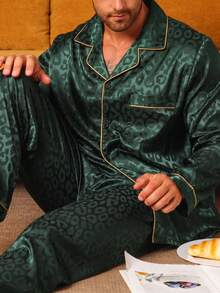 2pcs/Set Men's Silk Satin Leopard Print Long Sleeve Pajama Set, Autumn/Winter Homewear - Dark Green - View 1