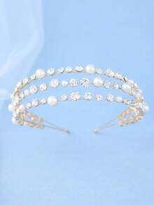 Elegant Gold Tone Pearl Crystal Bridal Headband Wedding Hair Accessories Women For Prom Party Birthday Pageant - Gold - View 4