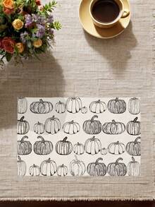 2/4/6Pcs Table Placemat, Fall Halloween Thanksgiving Hand Drawn Pumpkin Line Art Non Slip Washable Dining Mat - Black and White - View 4