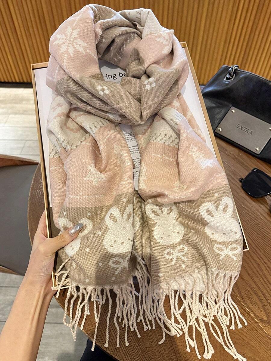 1pc Rabbit Pattern Scarf Shawl For Women, Winter Warm Versatile Dual-Use Cape, Thick Long Neck Warmer For Air-Conditioned Room And Office - Pink - View 1