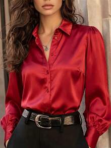 Women's Red Satin Long Sleeve Button Front Collared Shirt, Elegant Woven Fabric Blouse - Red - View 1