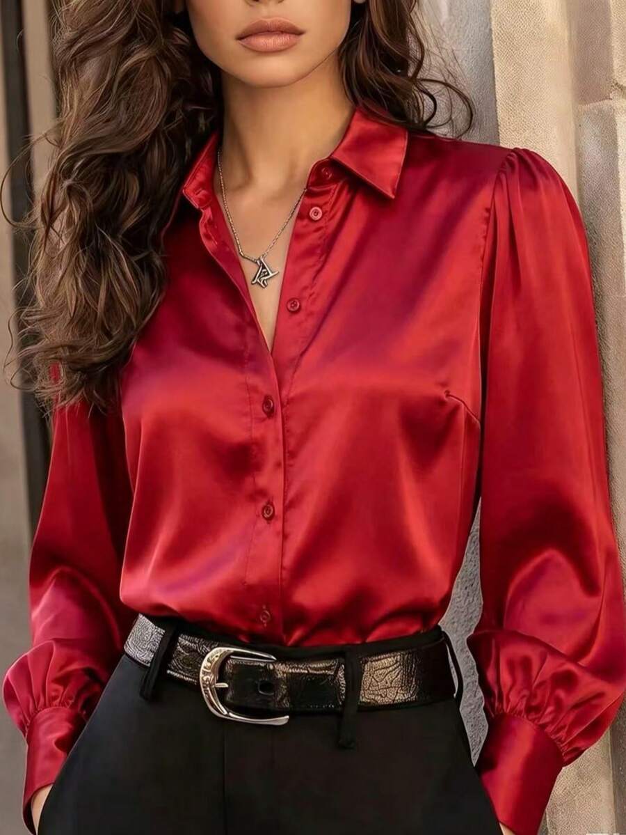 Women's Red Satin Long Sleeve Button Front Collared Shirt, Elegant Woven Fabric Blouse - Red - View 1