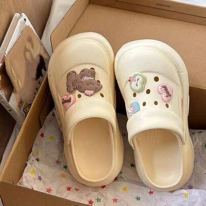 Women's Clog Slippers With Puppy Decoration Shoe Charm, Height-Increasing Half-Back Slides, Popular Thick Sole Non-Slip Soft Bottom Closed-Toe Beach Sandals For Nurses, Work, Outdoor Wear And Operating Room