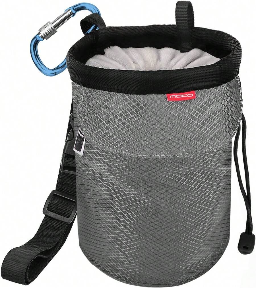 Rock Climbing Chalk Bag, Bouldering Chalk Pot Bucket With Adjustable Belt & Carabiner Drawstring Climbing Gear - Grey - View 1