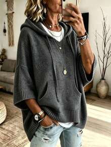 Plus Size Hooded Knit Sweater, Loose 3/4 Sleeve Drawstring V-Neck Pullover, Women's Winter Vacation & Outdoor Wear - Dark Grey - View 1