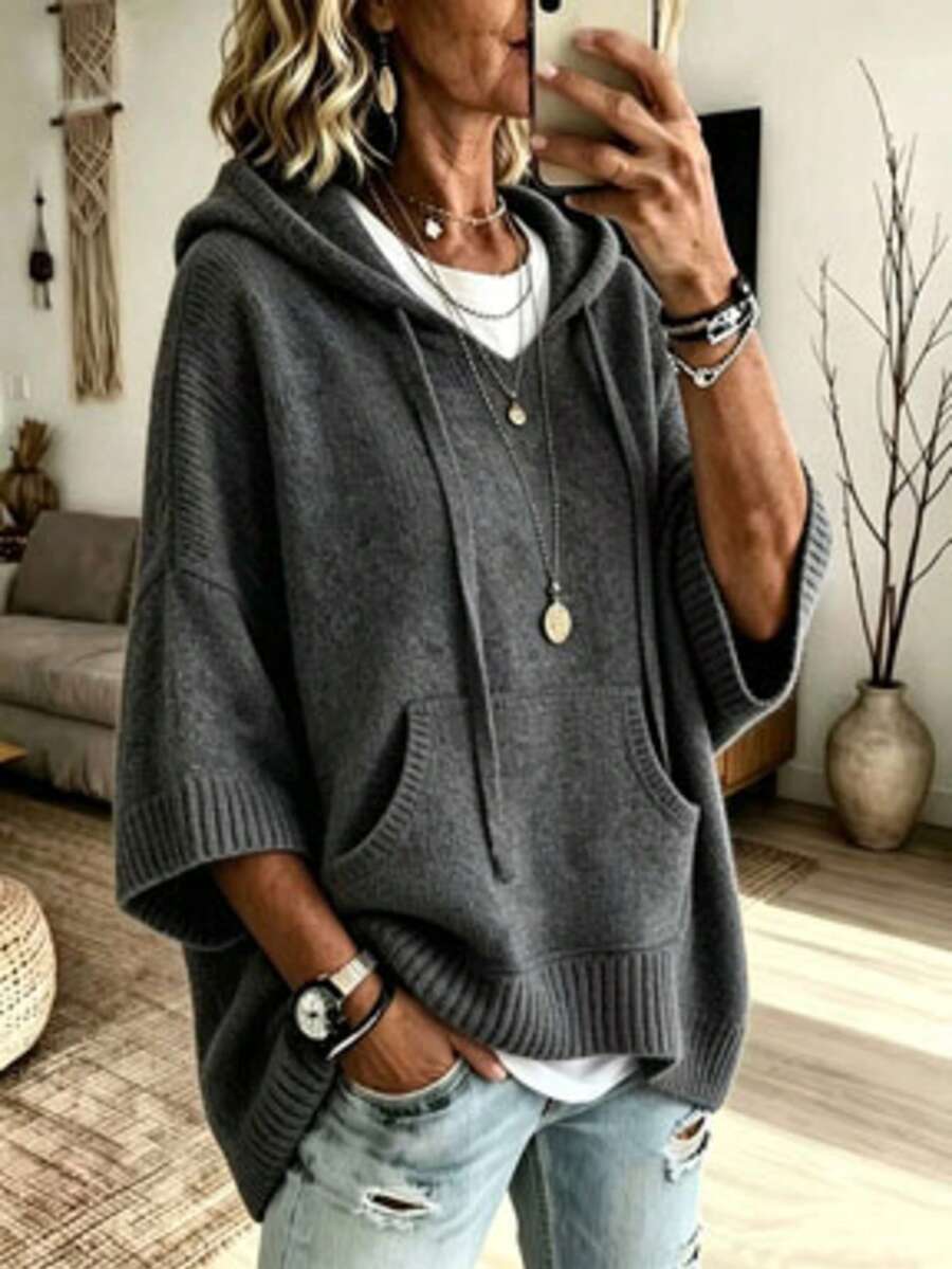 Plus Size Hooded Knit Sweater, Loose 3/4 Sleeve Drawstring V-Neck Pullover, Women's Winter Vacation & Outdoor Wear - Dark Grey - View 1