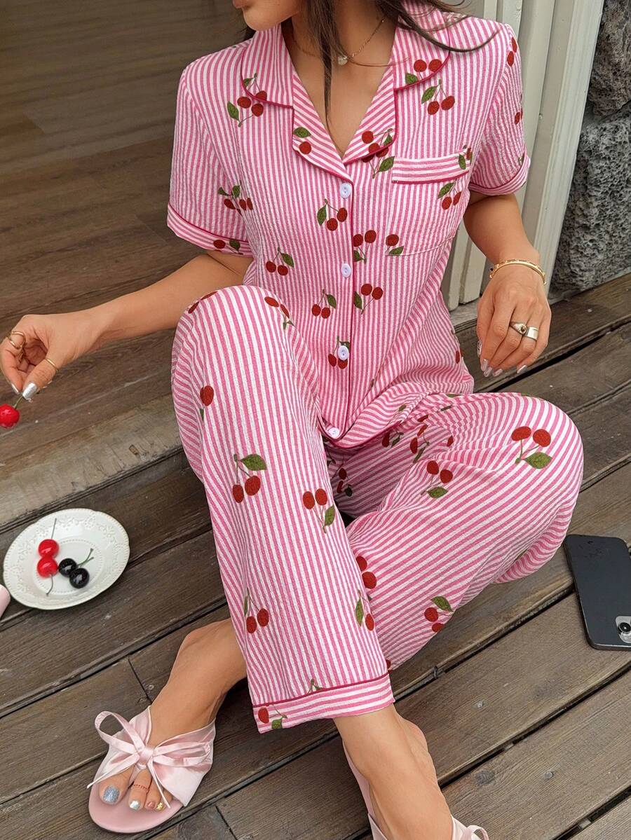 Bubble Crinkle Cherry Striped Print Short Sleeve Long Pants Pajama Set, Wearable As Casual Wear - Pink - View 1
