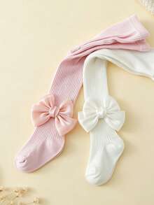 2pcs Baby Girl Knitted Tights, Cute Satin Ribbon Bow Decor, Solid Color Infant Tights, Soft Elastic Children's Leggings - Multicolor - View 6