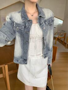 Jaket Pendek Denim Baru Longgar Gaya Vintage Elegan Atasan Kasual Wanita - Biru - View 2