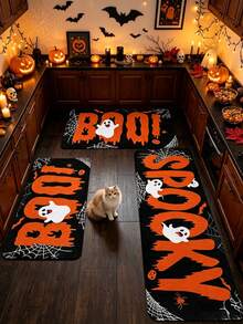 1 tấm thảm sàn Halloween hình con ma và mạng nhện, thảm bếp, thảm cửa, thảm hành lang, thảm trải sàn, thảm lễ hội - Nhiều màu - Xem 1