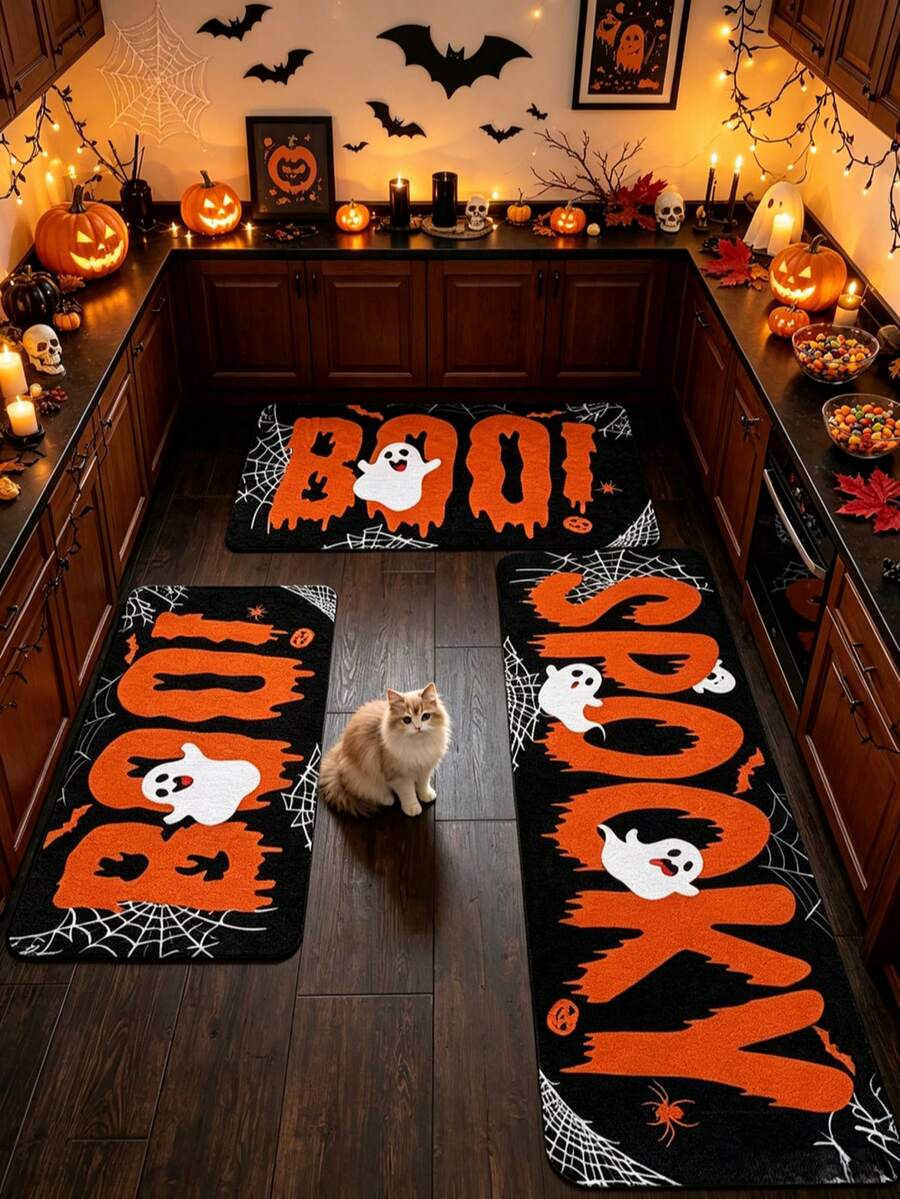 1 tấm thảm sàn Halloween hình con ma và mạng nhện, thảm bếp, thảm cửa, thảm hành lang, thảm trải sàn, thảm lễ hội - Nhiều màu - Xem 1