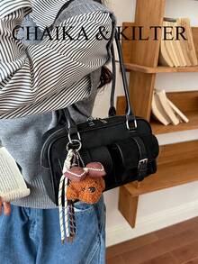 CHAIKA & KILTER 1件裝 素色麂皮布料女款時尚單肩包 多口袋大容量波士頓保齡球包 拉鍊開合 適合日常與外出使用（附吊飾） - 黑色 - 查看 10