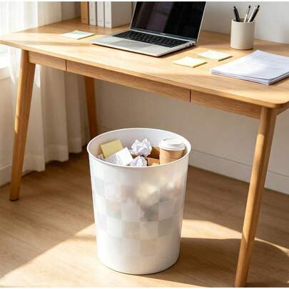 Wastebasket - Room Essential Minimalist Checkerboard Pattern Round Waste Basket, Open Top Plastic Garbage Bin, Multipurpose Trash Container For Bedroom, Bathroom, Vanity, Dorm And Home Office Open Top Round Trash Can Vanity Waste Basket