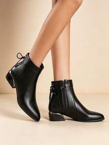 Women's Classic Black Pointed Toe Chunky Heel Ankle Boots With Back Tie And Side Zipper, Fashionable Versatile Office And Casual Boots - Black - View 5