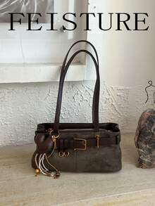 FEISTURE 1件裝時尚麂皮女款腋下肩背包，附肩帶裝飾與愛心結吊飾，適合日常外出、約會與通勤 - 綠色 - 查看 4