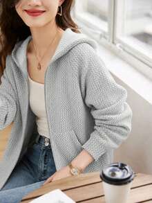 1 buah Jaket Hoodie Resleting Kasual Sederhana Gaya Vintage untuk Remaja Perempuan, Cocok untuk Musim Semi, Musim Gugur, Musim Dingin, dan Kembali ke Sekolah - Light Grey - View 4