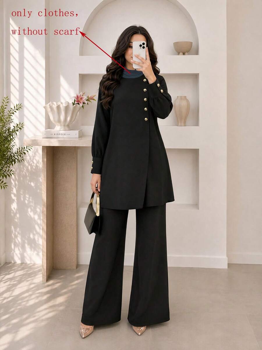Women's Solid Color Autumn 2-Piece Set, Lantern Sleeve Front Button Short Top & Elastic Waist Flare Pants, Elegant Commute Outfit Black - Black - View 1