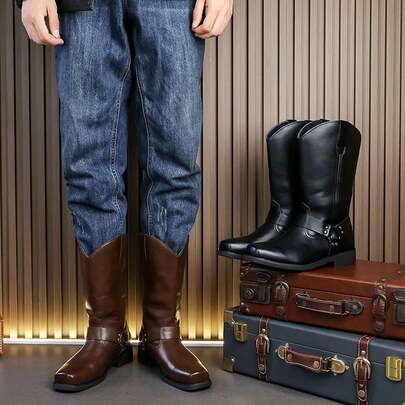 Men's Buckle Western Mid-Calf Riding Boots Brown Men's Boots Vintage Work Boots Outdoor Daily Commute Men's Casual Boots