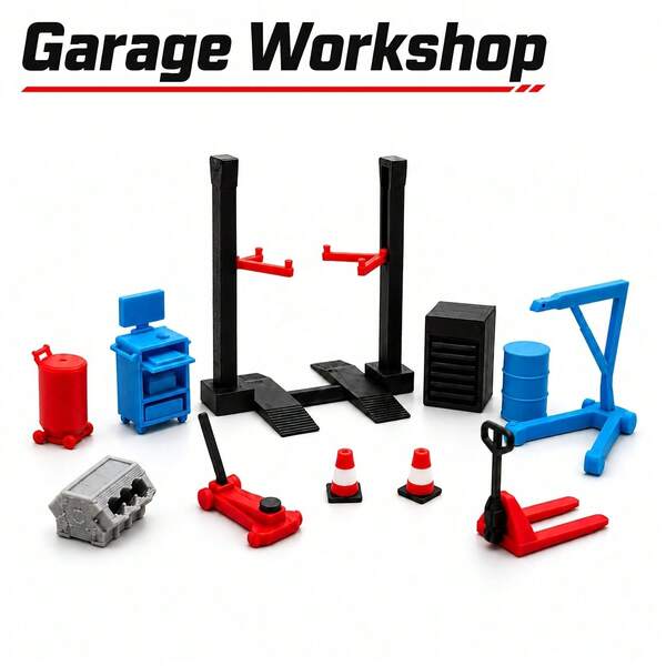 1:64 Scale Miniature Car Repair Shop Accessories, Suitable For Model Cars, Dollhouses And Scene Models, Realistic Garage Display, Includes Crane, Oil Barrel, Tool Cabinet, Car Lift, Suitable For Train Layouts, Perfect For Hobbyist Collection
