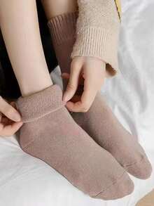 Random 3/5/10 Pairs Women's Mid-Calf Socks, Solid Color, Warm Fleece Lining, Postpartum Home Wear, Autumn/Winter - Multicolor - View 4