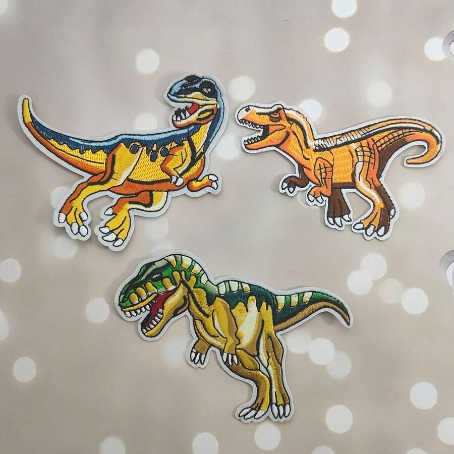 3pcs Fashion Personalized Cartoon Dinosaur Series Patch Creative Cute Tyrannosaurus Rex Iron-On Embroidery Applique Handmade Sewing Minimalist Animal Patch Accessories DIY Clothes Bags Hats Pants Scarves Decoration Fabric Patch Handmade Craft Supplies