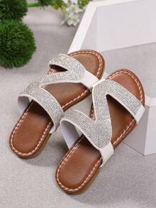 Little Girls' Sparkling Rhinestone Slides, Fashion Flat Sandals, Open-Toe Slip-On Casual Flats, Ideal For Daily Wear, Beach And Vacation - White - View 5