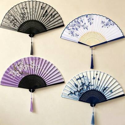 1pc Women's Chinese Style Folding Fan, Foldable Bamboo Hand Fan, Paper Hand Fan, Each Fan Face Color, Pattern, And Position Differ, Randomly Sent