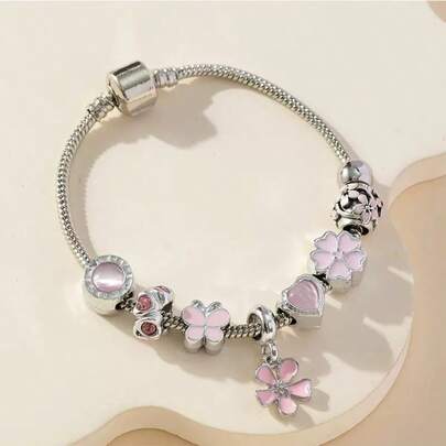 1pc Elegant Fashion Pink Heart Flower Stamen Pendant Butterfly Beaded Copper Bracelet Women's Luxury Personalized Chain Bracelet
